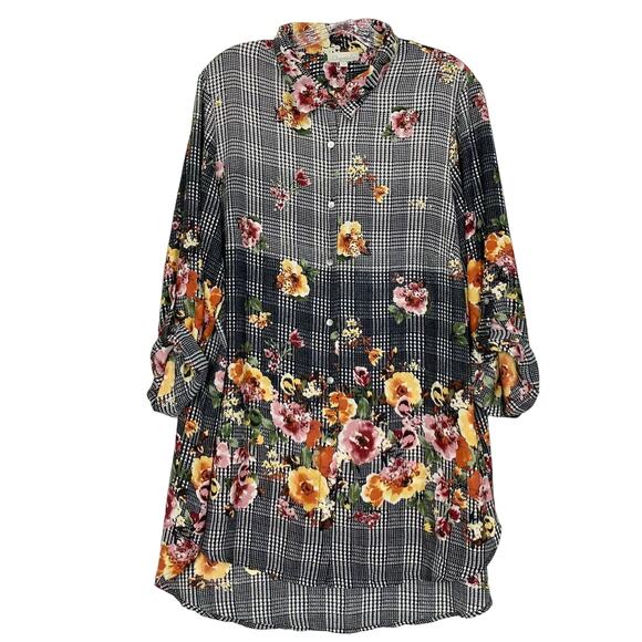 NWOT CHENAULT Top Tunic 2X Floral Plaid Roll-Tab-Long-Sleeve Curve-Hem - Picture 1 of 11